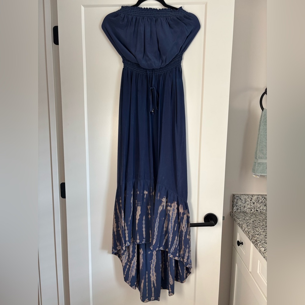 100% Silk High-Low Tie Dye Strapless Maxi Dress